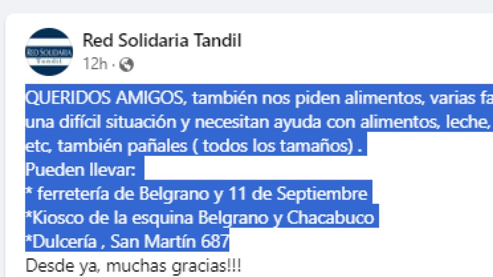 Tandil: se necesitan alimentos para familias que pasan una situación difícil 