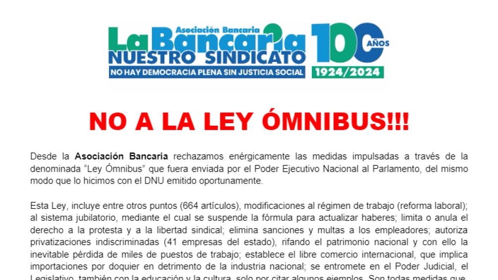 Trabajadores bancarios piden a legisladores que no avalen este "salvaje ajuste"