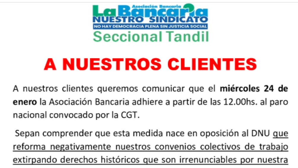 El miércoles 24 desde las 12 se cancela la actividad bancaria