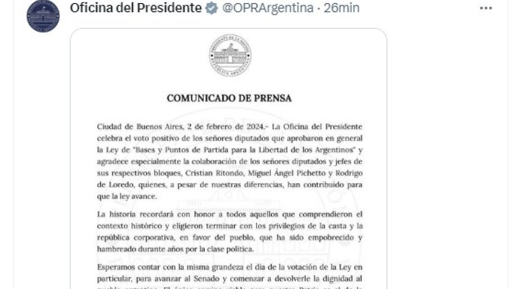 Milei celebró la aprobación de la "Ley Bases"