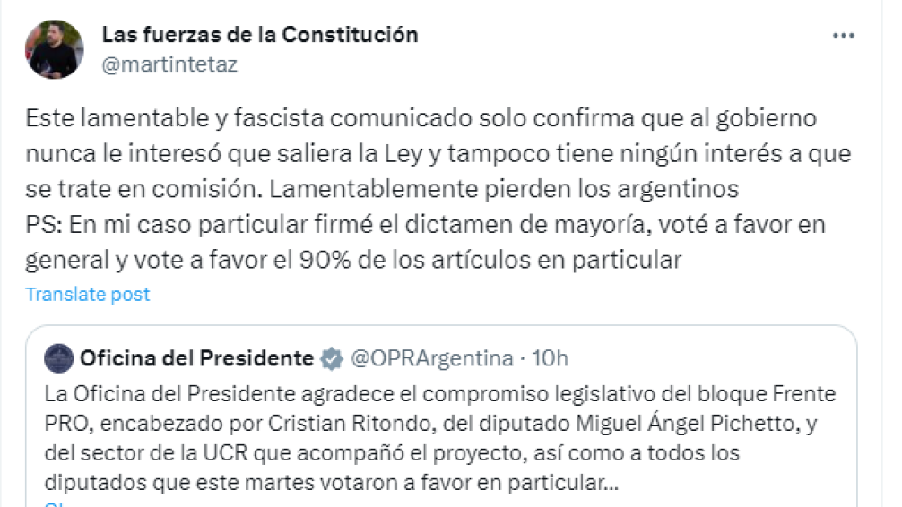 Tetaz acusó de "fascista" al comunicado de Milei tras el fracaso de la Ley Omnibus 