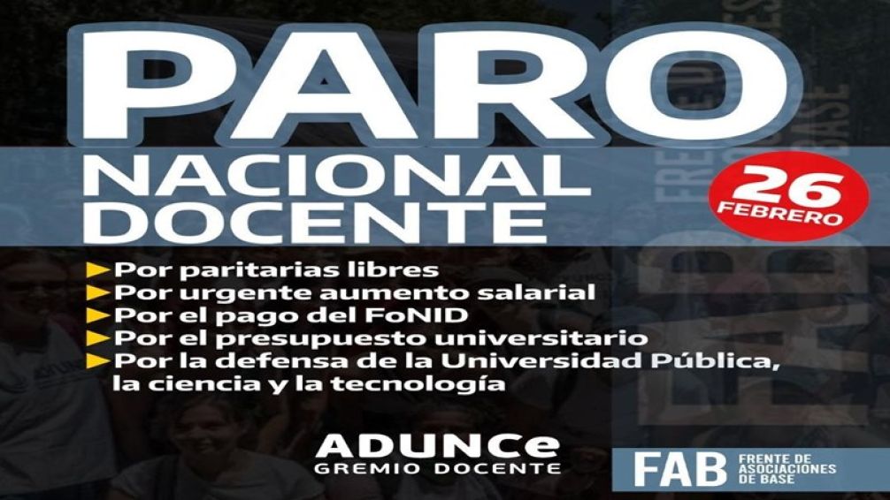 ADUNCe convoca y adhiere al paro del próximo lunes 26 de febrero