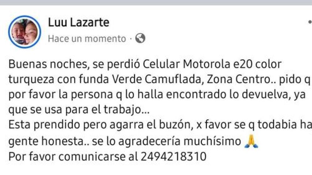 Se perdió Celular Motorola E 20